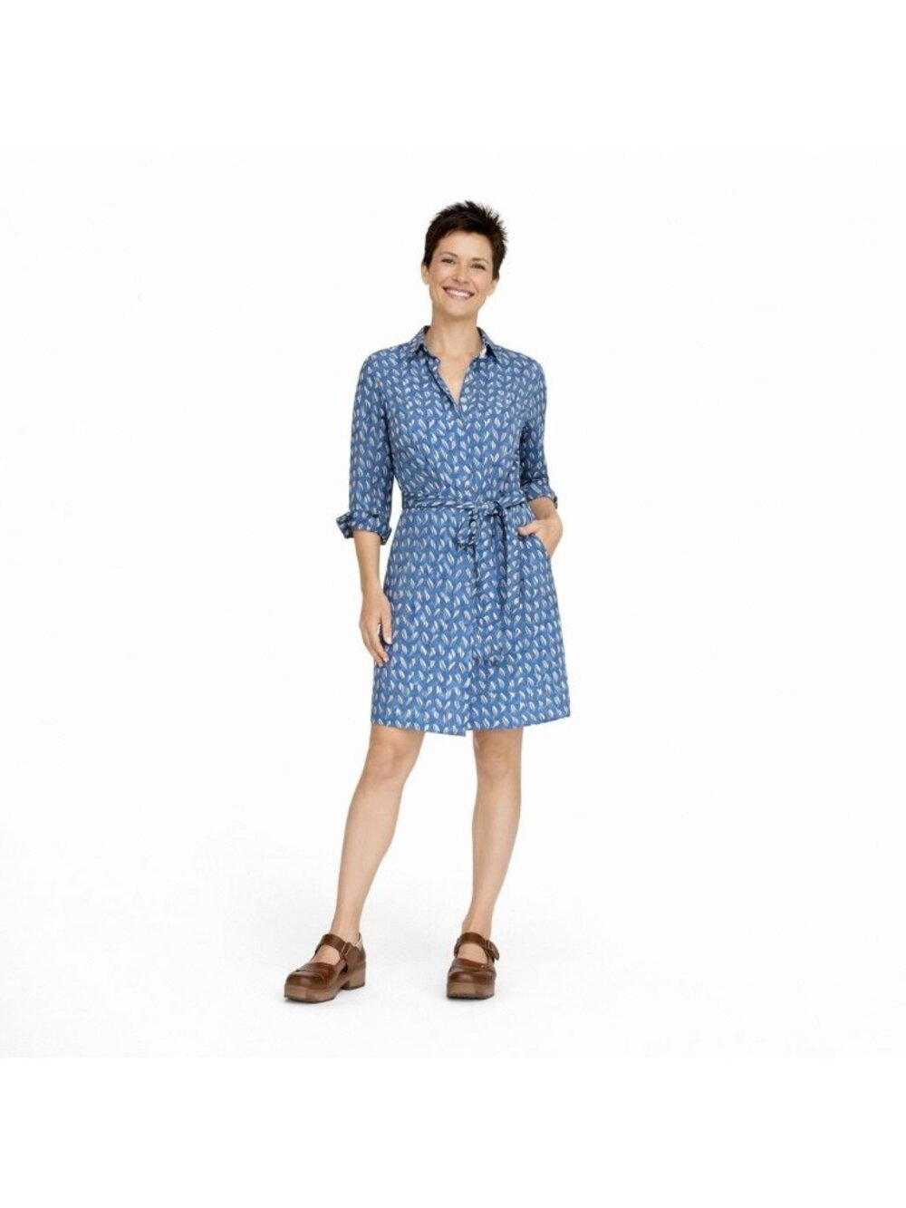 ZARA Blue Leaf XS Print Button-Down Shirt Dress With Belted Waist 100% Cotton